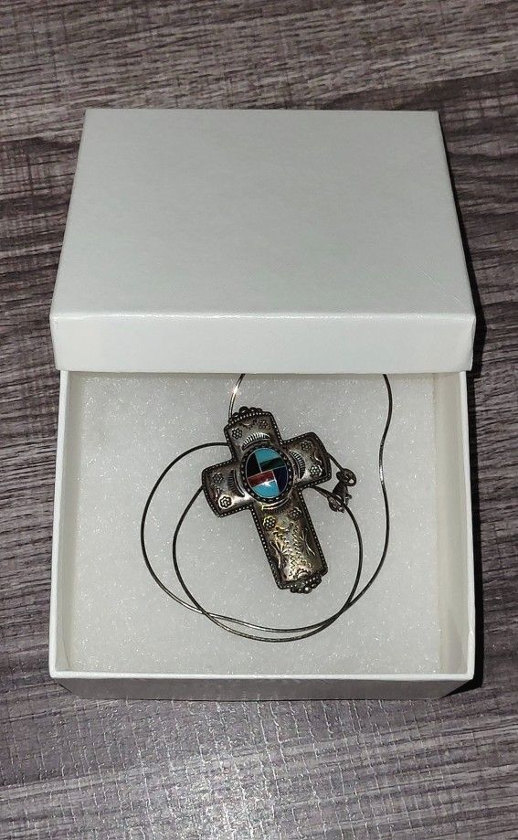 Vintage Carolyn Pollack Relios Sterling Silver Cross Pin/Pendant & Necklace w/inlaid multi stone design: Turquoise Coral Malachite Lapis & Onyx