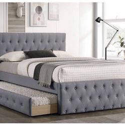 New In Box FULL BED W/TRUNDLE-LIGHT GREY BURLAP And 2 Mattresses.