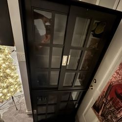 Atlantic Windowpane Media/Storage Cabinet - Tempered Glass Pane Sliding Doors Brown Espresso