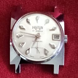 Beautiful Antique Vintage 1950s John Hilton Men's 17 Jewels Swiss Made Silver Diamond Dial Calendar Watch from parents estate. See our other great vin