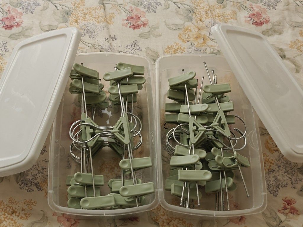 Moving sale! 30 Pack Space Saving Stackable Cute Skirt & Pants Hangers with Clips, storage boxes, closet organization
