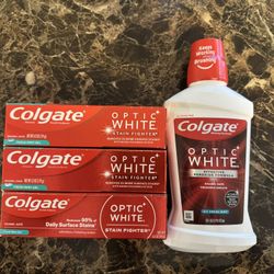 Colgate Optic White Fresh Mint Gel Toothpaste, 4.2 oz x 3, Whitening Mouthwash, 16 oz  