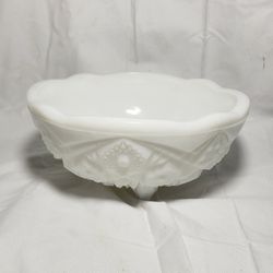McKee Glass Co. Milk glass toltec patterned footed bowl. Good condition and smoke free home.  Measures  3 1/2" T X 7" W .
