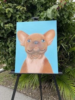 Hand Painted Cute Dog Decor Blue Background Acrylic Canvas Painting - 16x20 inches