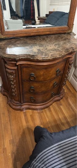 Ornate Wood Nightstand with Marble Top