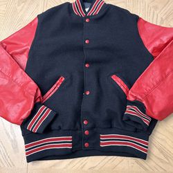 Butwin style Red Black Wool and Leather Bomber Jacket  Size large 