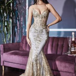 Glitter Print Mermaid Dress by Cinderella Divine gold mist