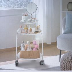 Room 2 Room Vanity Cart with Mirror, White, 3 Shelves, Metal & Wood, Round