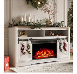 Fireplace TV Stand with Storage and Sliding Barn Doors