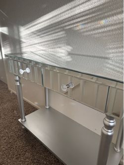 ✨ Glam Mirrored Console Table with Drawer – Silver & Crystal Accent