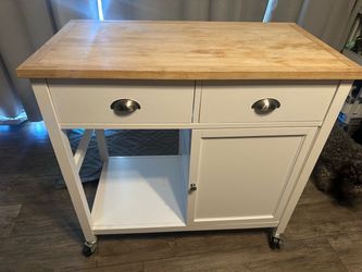 White Kitchen Island Cart with Butcher Block Top