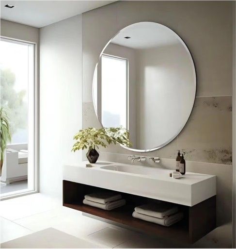 NIB 30" Round Frameless Wall Mirror with Beveled Edge - Circle Mirror for Bathroom & Vanity, Elegant & Simple Look