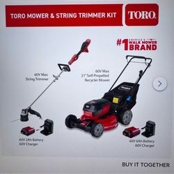 FREE LOCAL DELIVERY BRAND NEW TORO RECYCLER 60 V MAX 21 INCH CORDLESS SELF-PROPELLED LAWNMOWER 5Ah AND FLEX FORCE 60 V MAX 16 INCHES STRAIGHT SHAFT BA
