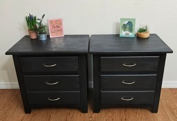 Pair of 2 Black Solid Wood 2-Drawer Nightstands Night Stands Gold Pulls