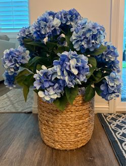 Faux Blue Hydrangea Arrangement in Woven Basket