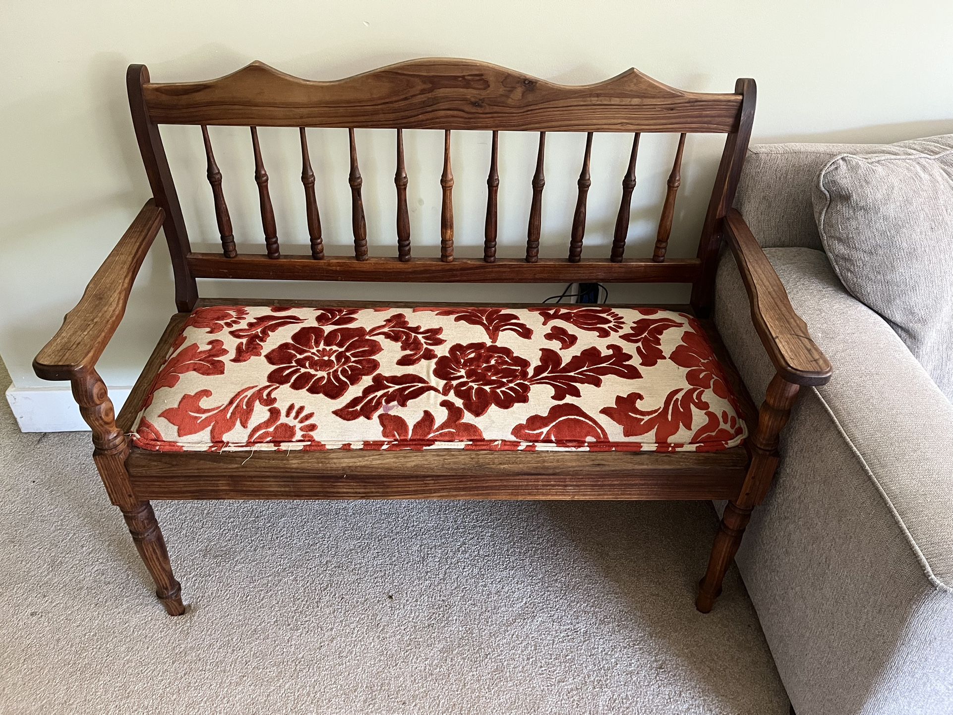 Solid Oak Bench With Upholstered Cushion