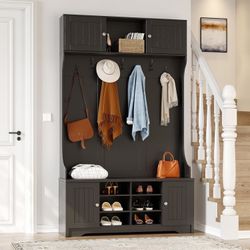 78.7" Hall Tree with Bench and Shoe Storage, Entryway Bench with Coat Rack, 10 Shoe Cubbies with Adjustable Shelves & 7 Coat Hooks for Hallway, Entryw