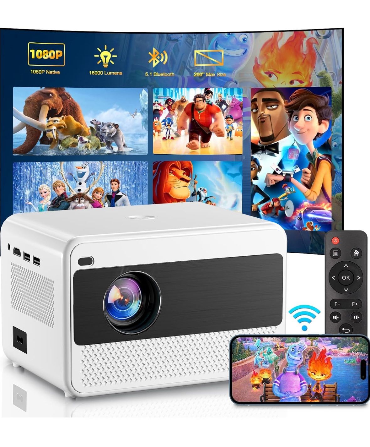 Video Projector with 5G WiFi and Bluetooth 5.1, Native 1080P Home Projector with Speaker, 16000LM Outdoor Movie Projector, Max 200" Compatible with iP