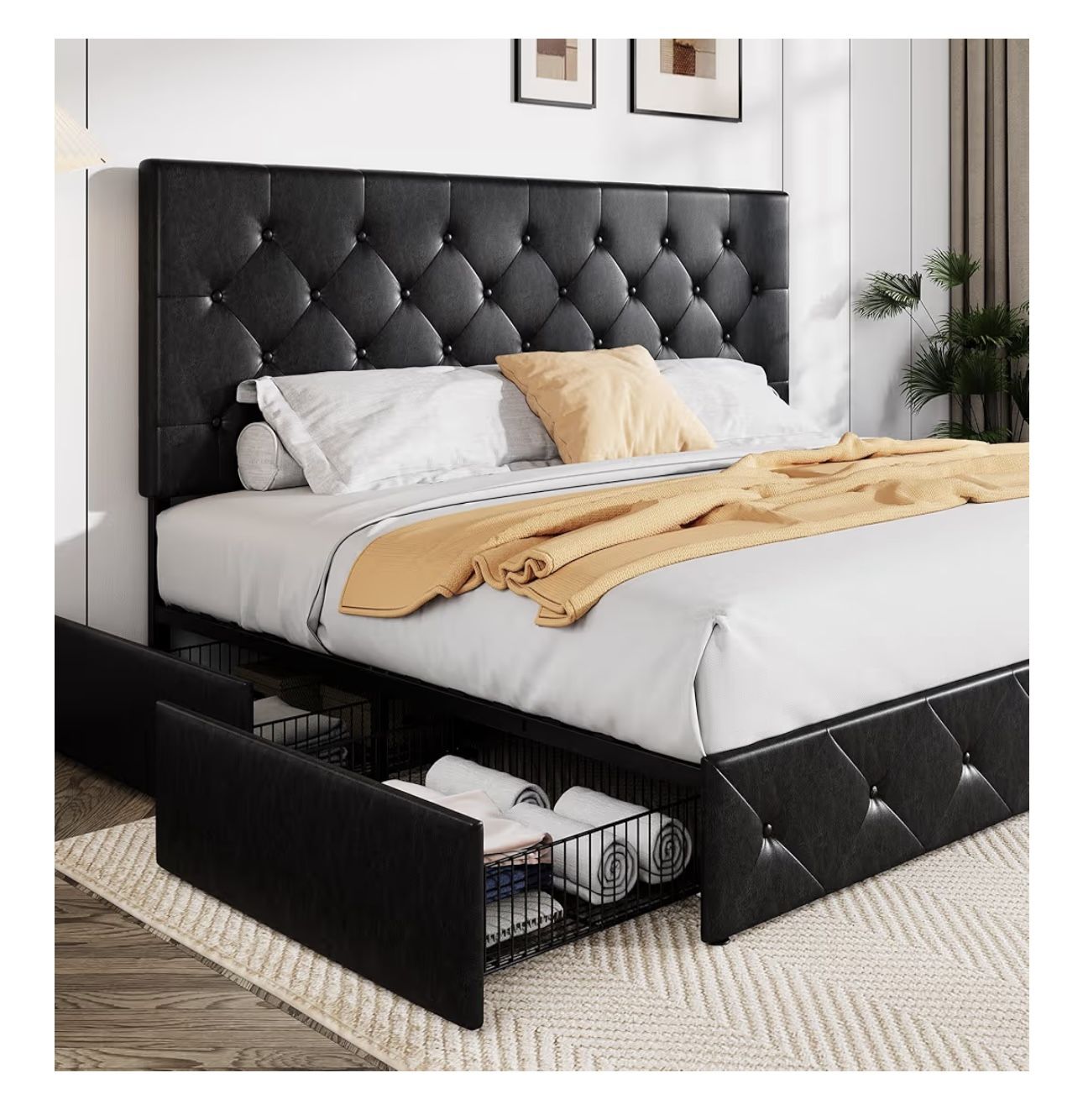 King Size Faux Leather Platform Bed w/ 4 Storage Drawers – Brand New