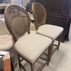 Pair of Louis Traditional French Inspired Beige Fabric and Rattan Bar Stools- 25”