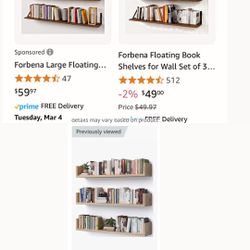 Wall Bookshelf, Set of 3, 36 Inches U Shaped Wall Shelves, Long Deep Floating Shelves for Wall, Large Floating Book Shelves - Wood Hanging Bookshelves