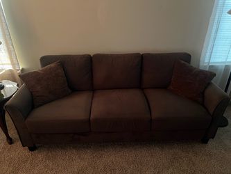 Brown Fabric 3-Seat Sofa with Throw Pillows