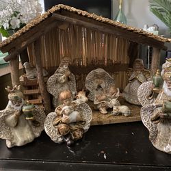 Vintage Nativity Scene 11 pcs wood + porcelain 1970s manger  Christmas 