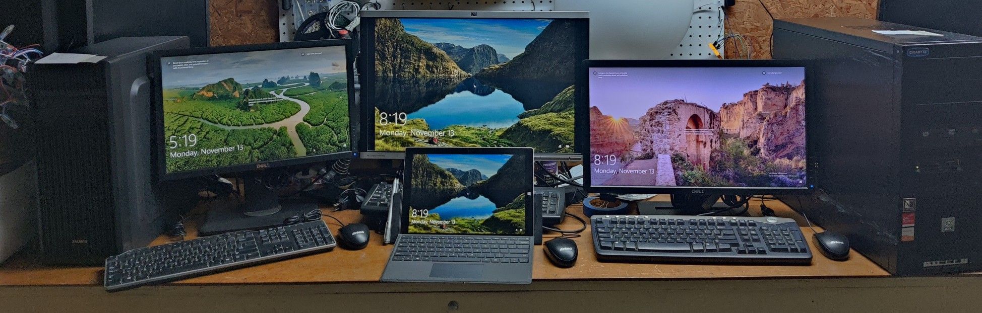 3 Computers. Fresh Windows 10. 2 Desktop 1 Surface Pro Laptop+ Monitors, Keyboards And Mouse