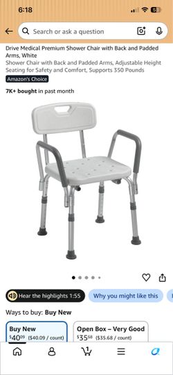 Drive Medical Premium Shower Chair with Back and Padded Arms, White