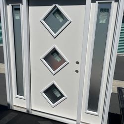 64in x 80in Left-Hand Inswing 3-Lite Frosted Glass Primed Fiberglass Prehung Front Door