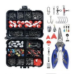 260+ Piece Fishing Accessories Set with Tackle Box Including Plier Jig Hooks Weight Swivels Snaps Slides