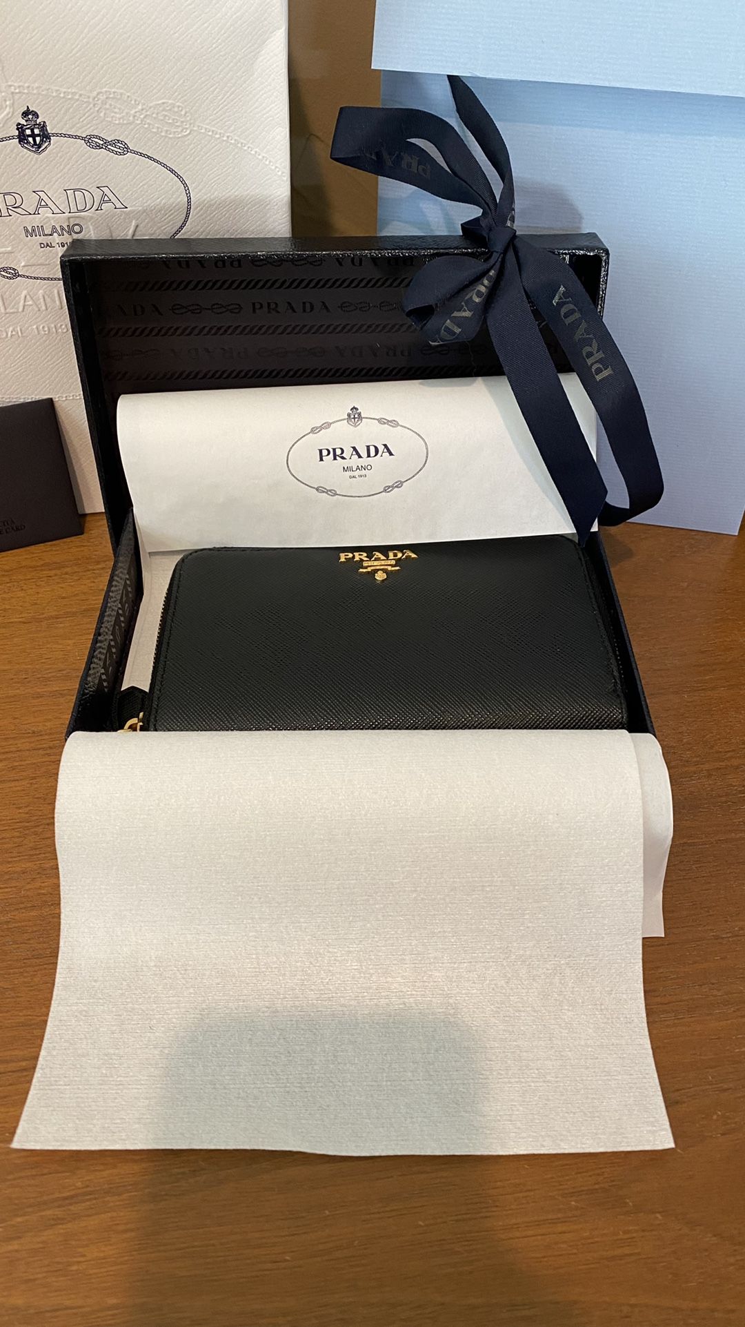 Prada Zip-Around Saffiano Leather Wallet Portafoglio Lampo (Black/Gold)