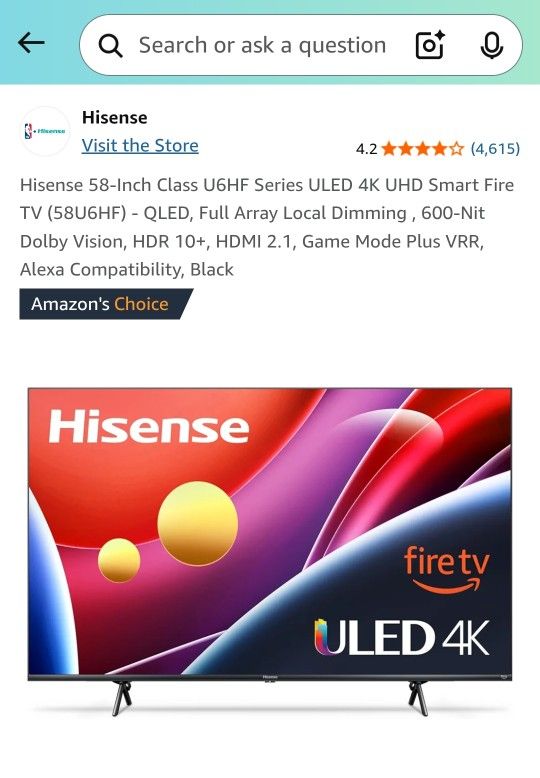 Hi Sense 4k FIRE TV UHD 50 INCH