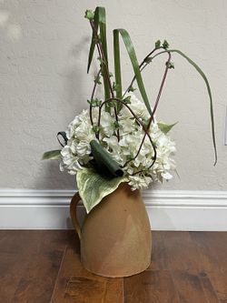 Large Rustic Terracotta Pitcher Vase w/ Silk Hydrangeas Greenery Farmhouse Decor