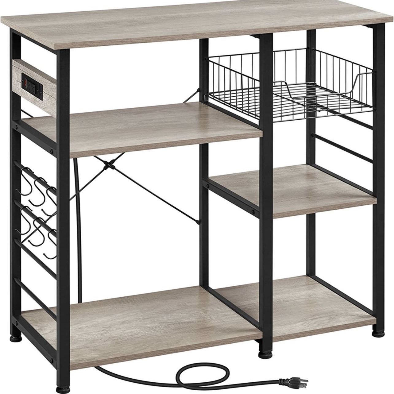 4-Tier Baker's Rack with Power Outlet, Microwave Stand Coffee Bar with Wire Basket and 6 S-Shaped Hooks, Durable Kitchen Storage Shelf Ample Storage K