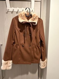 New without Tag Brown Faux Fur-Trim Peacoat Jacket with Bow Size XS