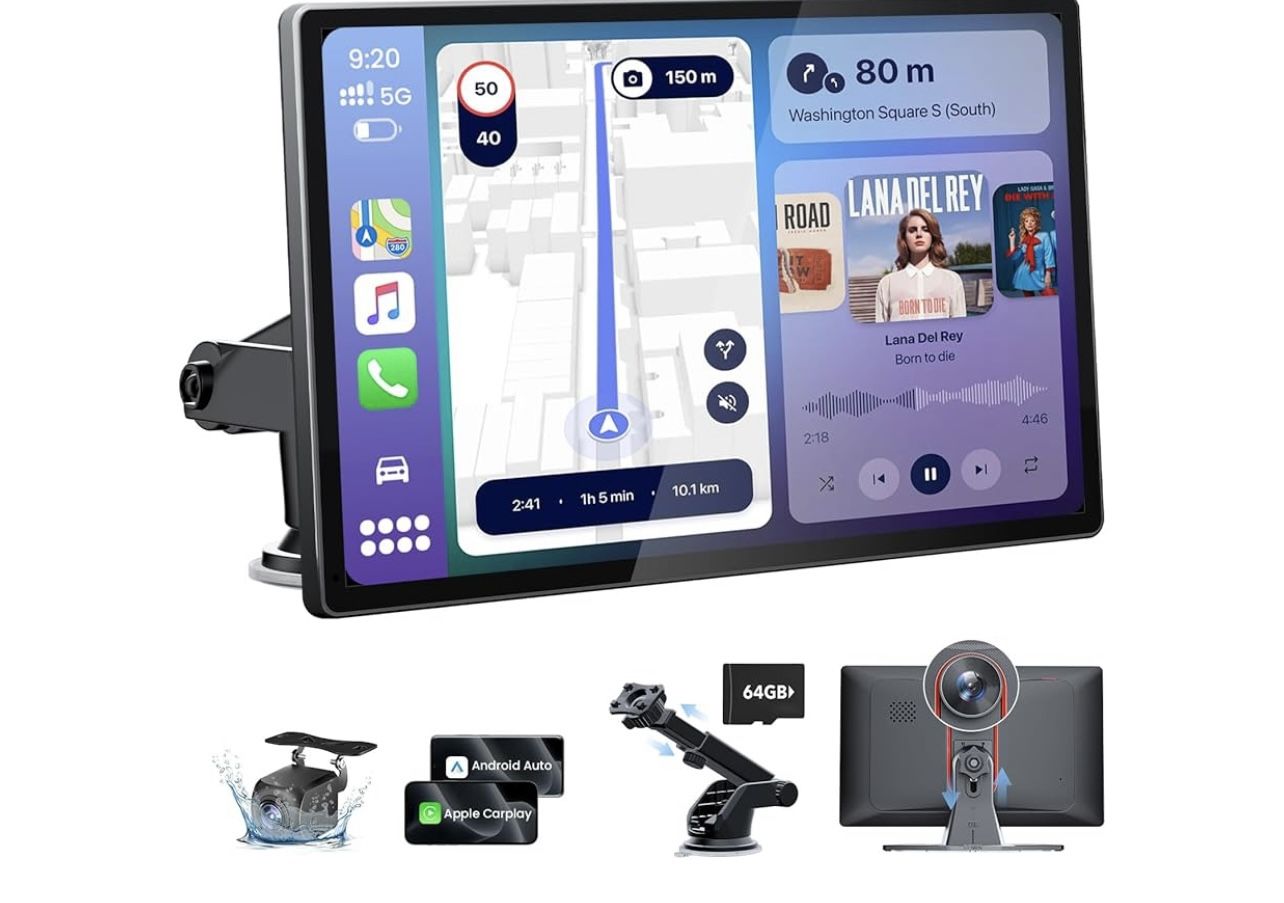 9.0'' Wireless Carplay Screen for Car with 4K Dash Cam & 1080P Backup Camera, Touchscreen Car Stereo with Carplay & Android Auto, GPS Navigation, Mirr