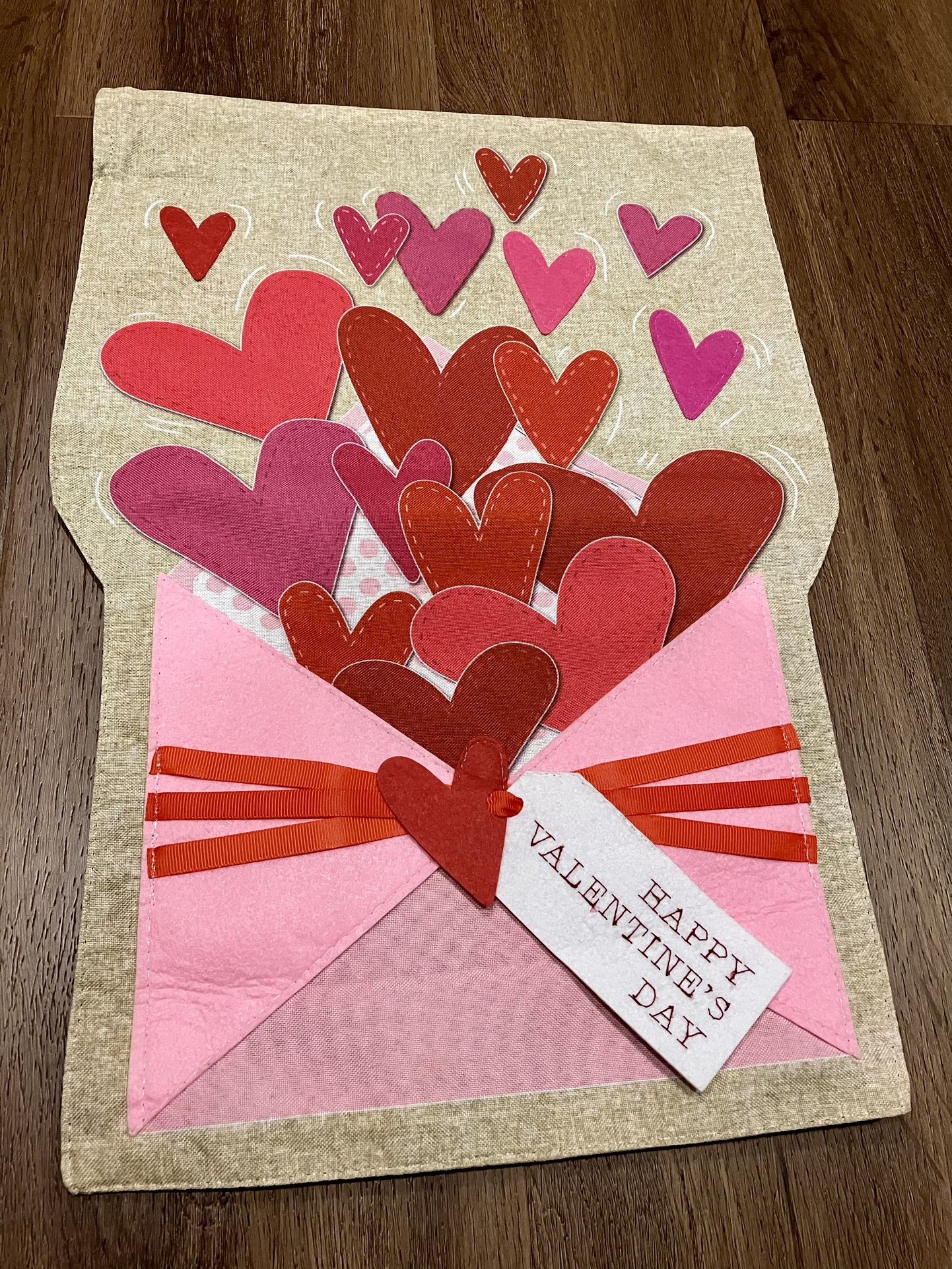 Happy Valentine's Day Garden Flag 18” x 12.5” Hearts 3-D Felt & Ribbon Details Holiday Yard Decor 