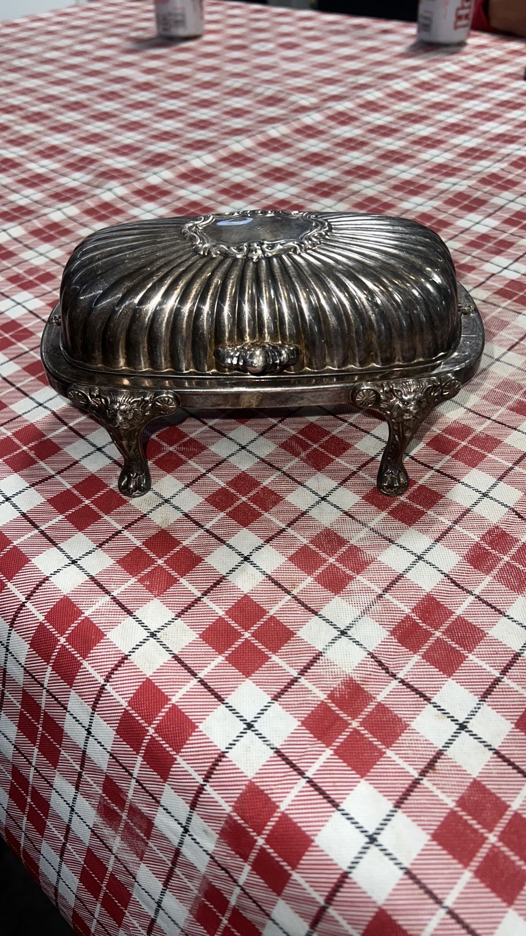 FB Rogers Silver Co 357 Roll Top Butter Dish Server Lion Head Legs Silver/Copper. Tarnished