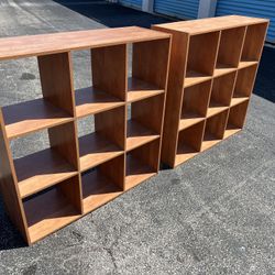 $50 for both! Two Brown Faux Wooden 9 Cubby Cube Bedroom Storage Shelf Book Shelving! Sturdy. One has a chip on top see pics 12x36x36in 