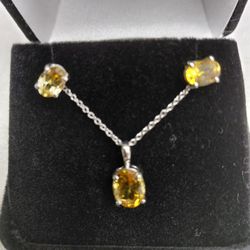 1.70CT Oval Cut Citrine in Sterling Silver Pendant With 18" Chain & 1.58CT Citrine Solitaire Earrings.