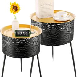 JEROAL Round Side Table Set of 2, End Table with Durable Iron Legs Support, Small Side Accent Table with Storage for Living Room Bedroom Outdoor and S