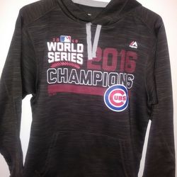 Chicago Cubs "2016 World Series Champions" pullover hoodie sweatshirt. Women's Small with drawstring hoodie and kangaroo pocket. Brand is Majestic 