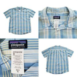 Patagonia Organic Cotton Men's Plaid Checkered S/S Short Sleeve front pocket Casual button down multicolored multicolor colorblock colorful Blue, Yell
