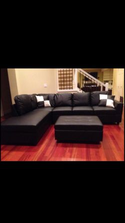 New Black Leather Sectional Sofa with Storage Ottoman