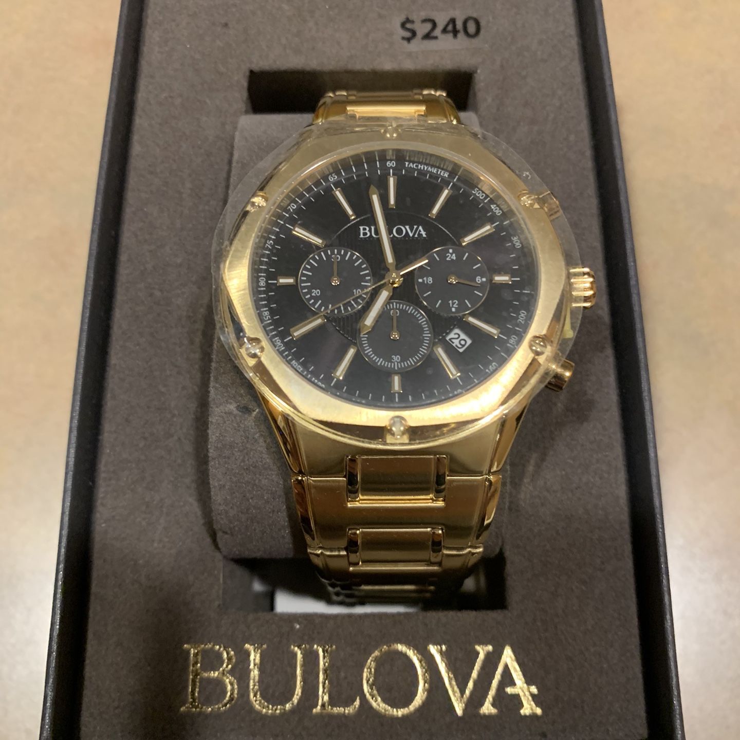 New In Box Men s Bulova Gold Tone Chronograph Watch with Black Dial Model 97B161 for Sale in Federal Way WA OfferUp