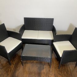 Patio Rattan Furniture Set, Black, 4 Pieces Outdoor Wicker Rattan Conversation Set Sofa Seating Set with Coffee Table