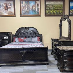 4 Piece Solid Wood Marble Top Bedroom Set In Stock 