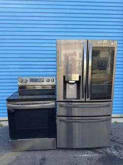 LG counter-depth refrigerator, 4 doors, and electric stove, black stainless steel
