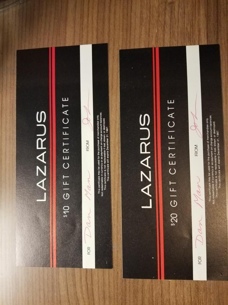 Vintage unused Lazurus gift certificates